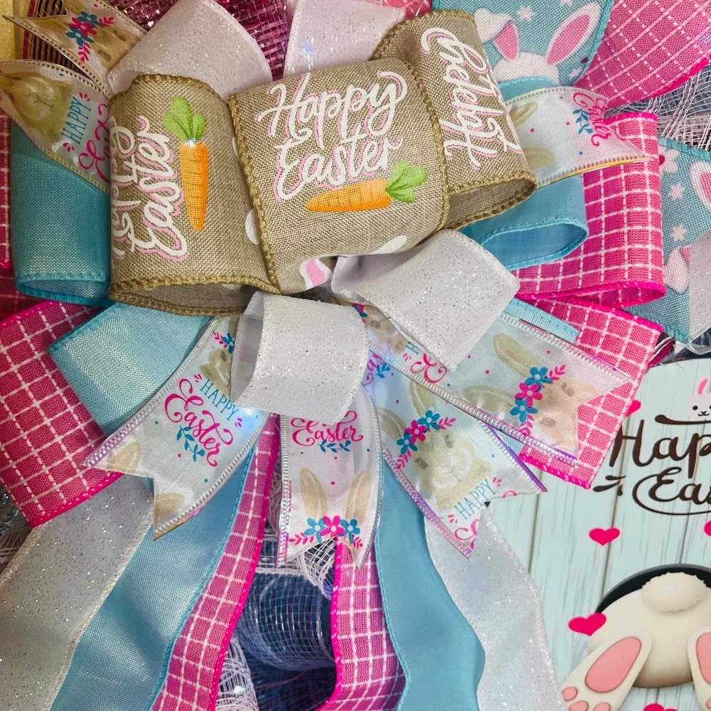 Handmade Spring Happy Easter Bunny Bum Prelit Ribbon Wreath 22 in LED W23